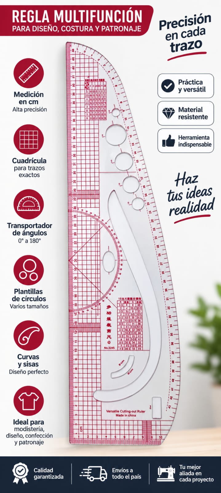 Regla multifunción para diseño, costura y patronaje